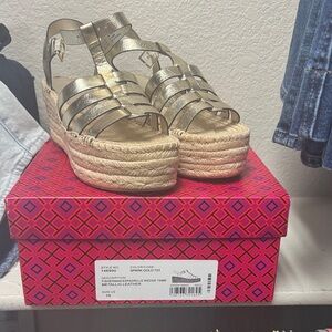 Tory Burch Gold Metallic Espadrille Wedges